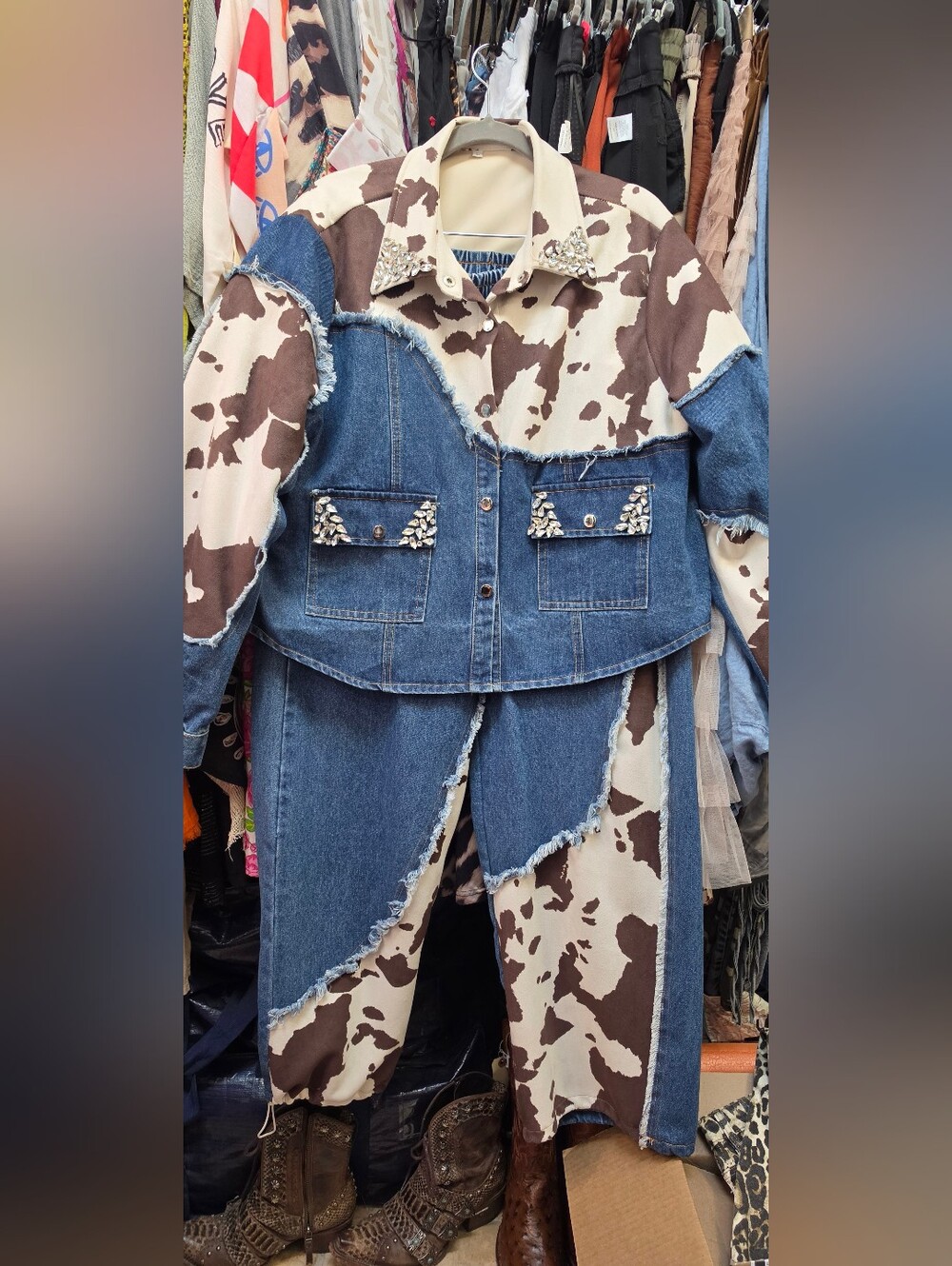 Cow Print & Denim Two-Piece Set with Stud Details